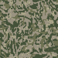 Digital camo background. Seamless camouflage pattern. Military texture. Khaki green forest color. Vector fabric textile print designs.