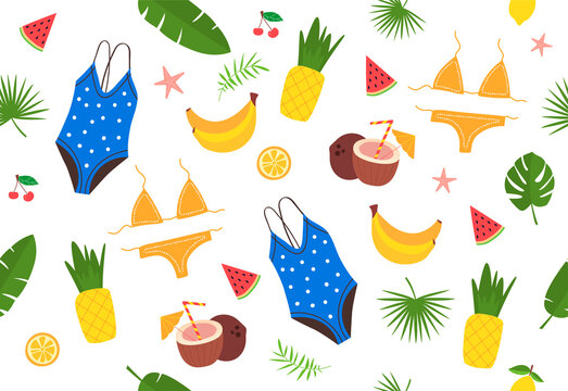 Summer seamless pattern. Repeating image for printing on gift wrapping. Collection of elements for comfortable stay on beach. Swimsuit, fruits and cocktails. Cartoon flat vector illustration
