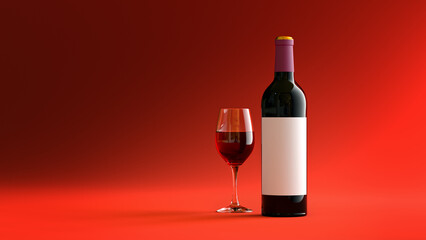 3D Bottle and Glass of Red Wine on a Red Background.
