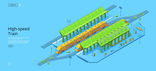 Fototapeta High-speed train banner with isometric railway station, express and empty platform. Vector landing page with modern fast passenger train on rail track and terminal building obraz
