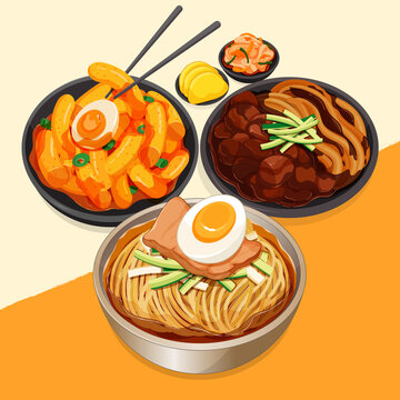 Korean stir fry noodles food. (Naengmyeon, Tteokbokki, Jajangmyeon) Korean stir fried noodles street food set menu set close up illustration vector. Korean food cold noodles