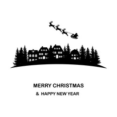 winter landscape with snow and trees. Santa Flying in the night on christmas. Winter lanscape with house, snow and tree. Paper cut vector design. The house in winter is covered with snow.