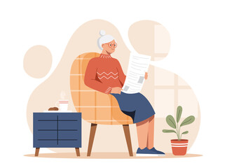 Elderly woman at home. Elderly woman sits in chair with newspaper in her hands. Comfort and coziness, character gets acquainted with news. Retired on weekend. Cartoon flat vector illustration