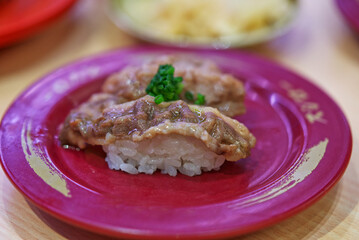 Close up sliced beef sushi
