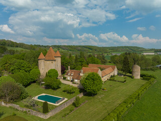 Aerial view of the Pancy castle in Angely Burgundy France with central keep protected by two...