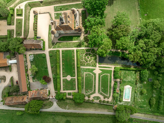 Aerial view of Chateau de Beauvoir in Allier a medieval wonder that overlooks the valley of Besbre,...