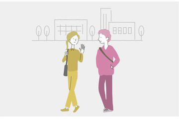 話しながら歩く若い男性と女性のイラスト