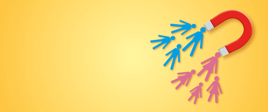 Magnet attracting paper women and mans on yellow wall background as metaphor for new customers or recruiting new staff members. copy space for the text. illustration of 3D paper cut design style.