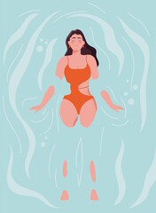 Woman in water. Young girl in red swimsuit resting in river, sea or pool. Tourist in summer season in exotic or tropical country, vacation, travel and adventure. Cartoon flat vector illustration