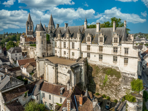 Aerial panorama view of Loches in Indre-et-Loire in the Loire Valley in France with massive Norman keep with double enclosure, semi circular towers, Renaissance palace, multiple medieval gates