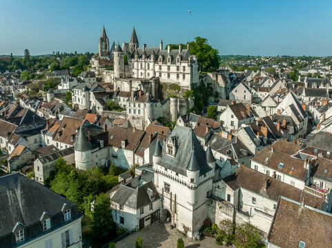 Aerial panorama view of Loches in Indre-et-Loire in the Loire Valley in France with massive Norman keep with double enclosure, semi circular towers, Renaissance palace, multiple medieval gates