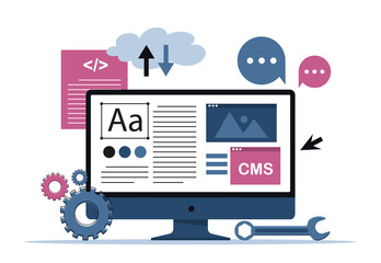 Content management system, CMS. Modern technologies and website promotion on Internet. Application for analyzing statistics and user behavior. Online marketing. Cartoon flat vector illustration