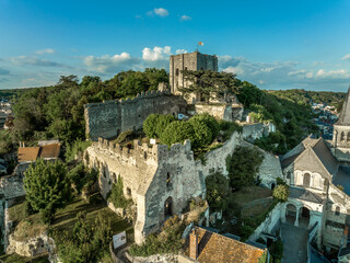 Aerial view of Château de Montrichard a ruined 11th-century castle at the heart of the commune of...