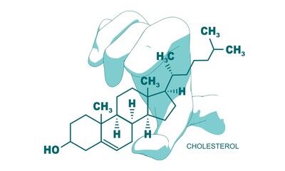 Hand holding chemical molecular formula of cholesterol.
