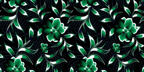 green vintage color seamless pattern with tropical jasmine flower plants and foliage on dark background. Floral background. nature background. tropical wallpaper. Hand drawn large flower buds