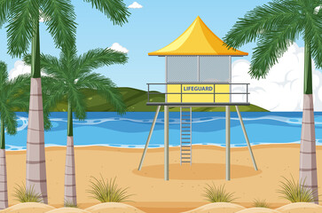 Beach scene with lifeguard tower