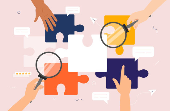 Metaphor of partnership. Hands add up picture from different puzzles. Creative personalities and brainstorming. Workflow, colleagues working on same project. Cartoon flat vector illustration