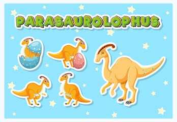 Fototapeta premium Set of cute parasaurolophus dinosaur cartoon characters