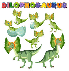 Dilophosaurus word logo with dinosaurs cartoon set