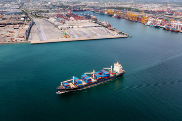 container cargo ship sailing in green sea to transport of goods import export internationally or...