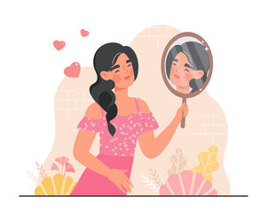Woman in mirror. Girl looks at her reflection, evaluates her appearance. High self esteem, selflove and acceptance, ego. Positive psychology, optimism and happiness. Cartoon flat vector illustration