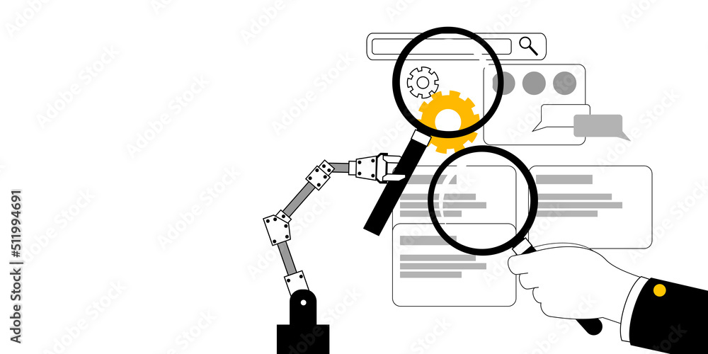 Aufkleber a human hand and a robotic arm with magnifying glasses are looking for errors in a mobile applicatio