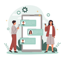 Messages on smartphone. Man and girls next to gadgets and devices. Communication on Internet, social networks and instant messengers. Friends or colleagues chatting. Cartoon flat vector illustration