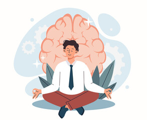Man practicing yoga. Sports and stretching, exercises for concentration and attention. Guy sits in lotus position, metaphor for inner balance and confidence. Cartoon flat vector illustration
