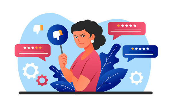 Bad Review Concept. Angry Girl Points Down With Share, Unsatisfied Client Poorly Appreciated Product Or Service. Promotion On Internet, Feedback And User Opinion. Cartoon Flat Vector Illustration