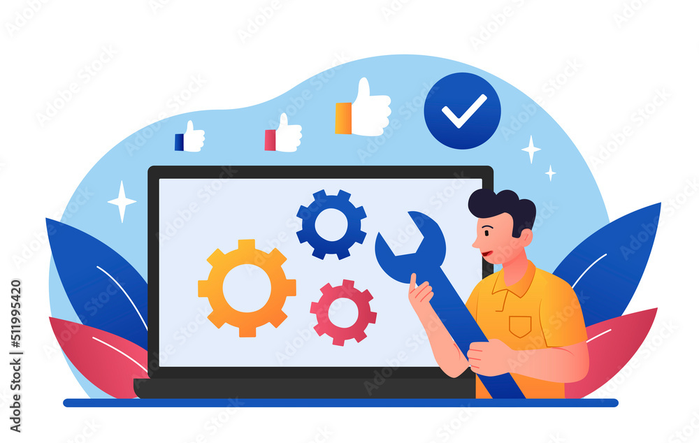 Poster troubleshooting online concept. man with wrench near laptop or computer screen. programmer corrects 