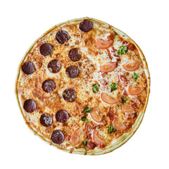 food cooking, culinary and people concept - cook or baker hand with pizza on peel at pizzeria