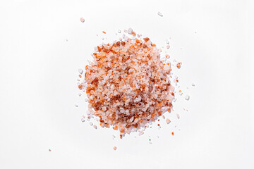 Large Pile of pink Himalayan salt isolated on white, top view Background