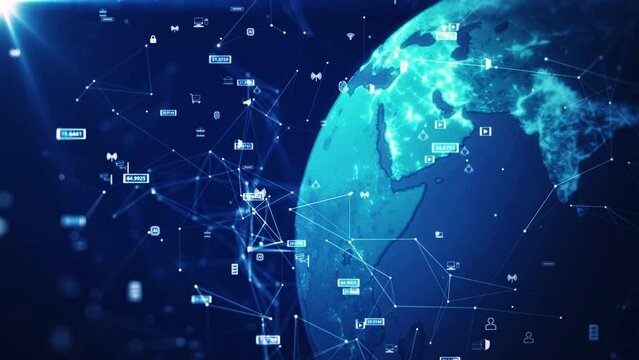 concept of global internet network connection technology. The world on the right has a binary code polygon and slow moving small icons on a dark blue background. Cybersecurity and Internet of Things.