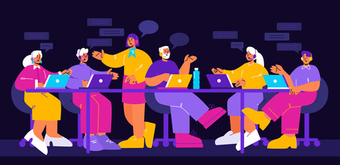 Customer support service, hotline call center helpdesk, online help. Technical specialist solve client problems via internet. Operator staff in headset work on computer, Line art vector illustration