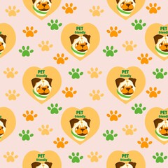 Fototapeta premium Seamless pattern with cute dog. Pug in heart, dog friendly text and finger print Vector illustration for kids room, pet hotel or zoo market