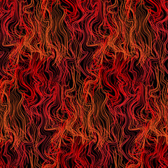 Fire tongues seamless pattern. Abstract orange and red curved lines on black background. Flame, fire, heat, burning psychedelic design