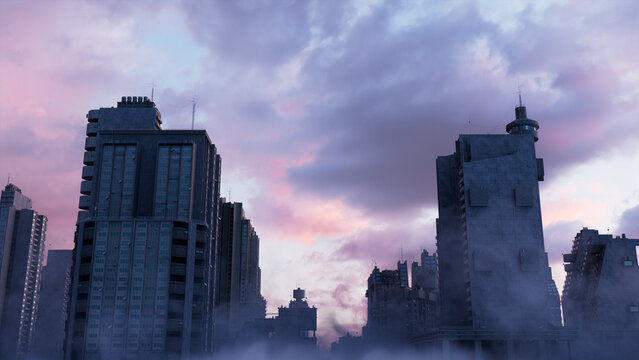 Concrete Metropolis. Soviet Modernist Architecture against a Dusk Evening Sky.
