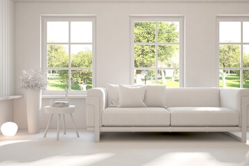 Mock up of stylish room in white color with sofa and green landscape in window. Scandinavian interior design. 3D illustration