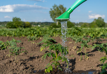 A plastic watering can pours water on the tomato beds. Close-up of a tomato patch being watered from a watering can