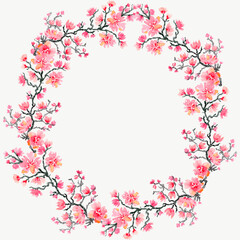 Obraz na płótnie Canvas Watercolor frame sakura pink flowers.Asian motifs. For wedding invitation.