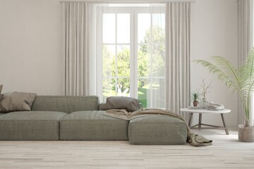 White living room with sofa and summer landscape in window. Scandinavian interior design. 3D illustration