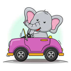 Cartoon illustration of cute elephant driving a car