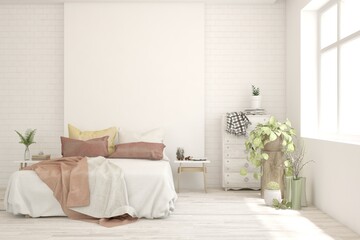 White bedroom interior. Scandinavian design. 3D illustration