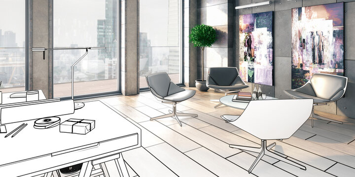 Contemporary Penthouse Office Lounge (conception) - panoramic 3D Visualization