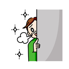 壁になりたい（壁に隠れて覗き見る）男性のイラスト（白背景・ベクター・切り抜き）