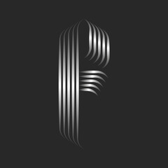 Initial letter F logo monogram minimal Gothic art symbol with curls, weaving metallic gradient ribbons from smooth silver thin lines, elegance calligraphic idea typographic mark.