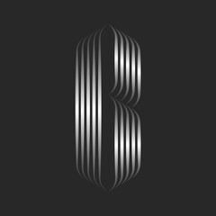 Letter B logo elegant monogram Gothic style, metallic gradient stripes from smooth thin parallel lines, creative calligraphic initial.