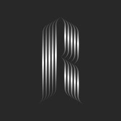 Monogram letter R logo gothic style with curls, swirls silver stripes from smooth thin lines, calligraphic mark initial.
