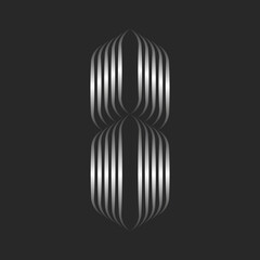 Monogram number 8 logo 3d metallic effect, silver stripes from smooth thin lines, calligraphic numeral identity.
