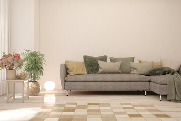 White living room with sofa. Scandinavian interior design. 3D illustration